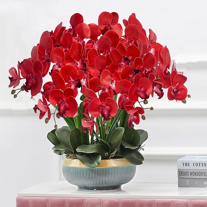 FagusHome 32 Inch Artificial Phalaenopsis Flowers 6 Pcs Artificial Orchid Flowers Stem Plants for Home Décor (Red Piebald)