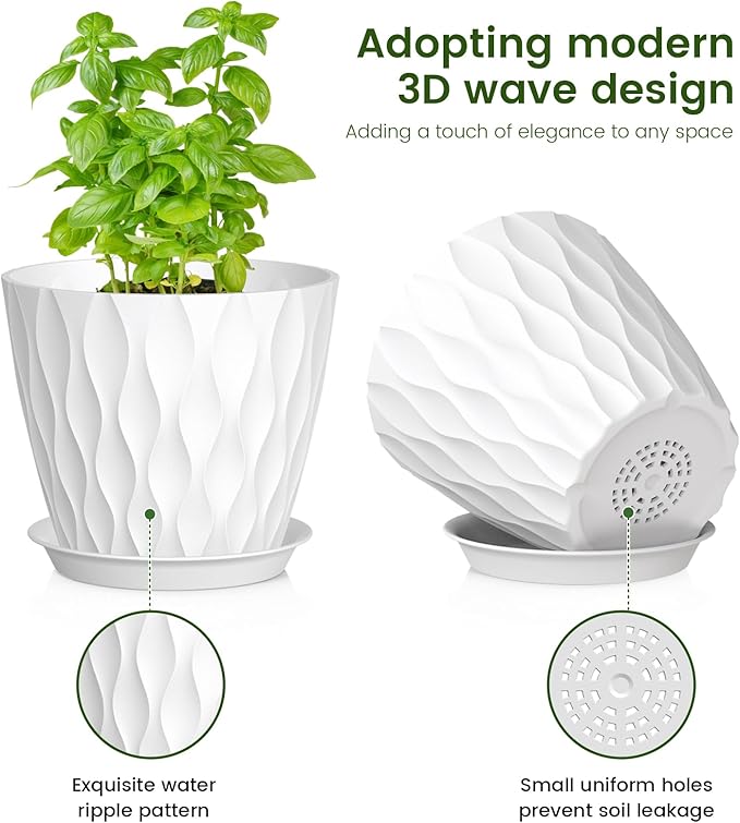 Meowell 7/6.5/6/5.5/5/4.5/4 inch Plant Pots for Indoor Outdoor Plants, 7 Pack Thick Flower Pots with Drainage Holes and Saucers, Modern Wave Texture Small Plastic Planters Nursery Pots, Multicolor