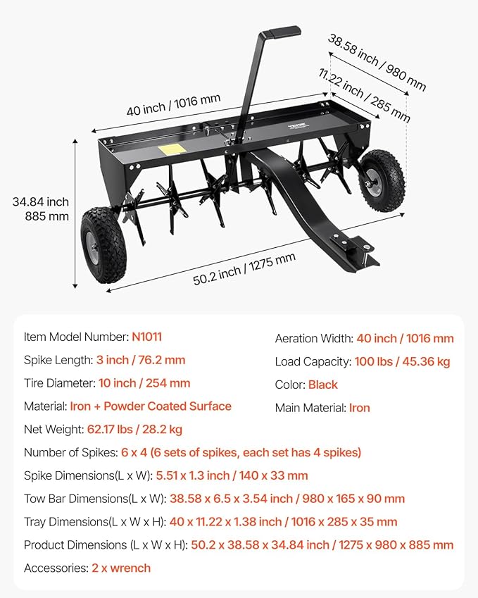 VEVOR Tow Behind Plug Aerator, 40-Inch Tow Behind Lawn Plug Aerator with Universal Hitch, Pull Behind Aerator with Iron Spikes Alternately Arranged, Lawn Aerator Tow Behind for Gardens, Lawns, Farms