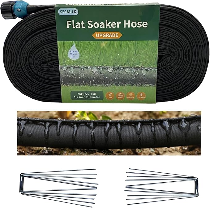2026 Flat Soaker Hose 75 ft with Stakes for Garden, 75ft Linkable Drip Hose Diy Garden Irrigation System Saving 80% Water, Dual-layer Leak-free Design Water Hose with Holes