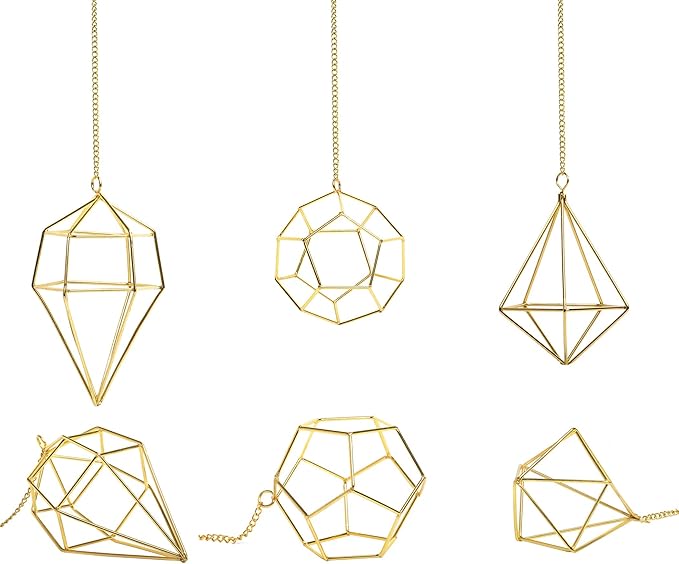 Gold Hanging Air Plants Holders Small Tillandsia Airplants Hangers 6 Pack Geometric Wire Himmeli Air Fern Display Planter with Chains Airferns Metal Hanging Holders
