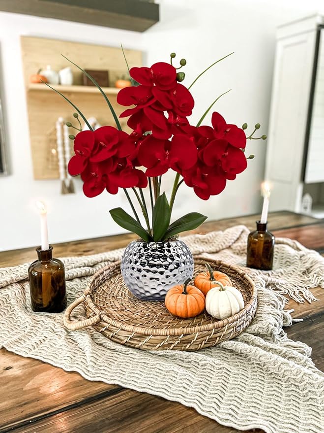 Briful Orchid Artificial Flowers 20'' Red Faux Orchid Flowers with Silver Vase Fake Phalaenopsis Silk Flowers for Home Office Dinning Room Kitchen Table Centerpiece Decor