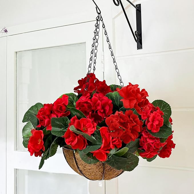 2 Pack Artificial Geranium Fake Flowers for Outdoors Spring Summer Decor, Silk Geraniums Red Flowers UV Resistant Faux Flower Potted Plants for Gardens Farmhouse Indoor Home Table Decor (Red)