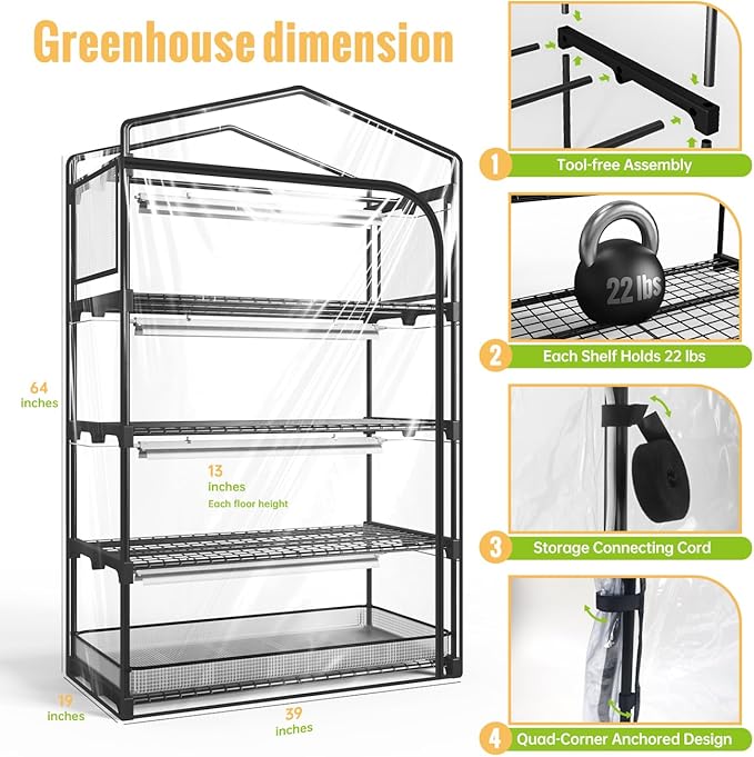 Indoor Greenhouse with Grow Light, 4-Tier Plant Shelf with T5 1.6FT 32W Full Spectrum LED Grow Light for Seed Starting, Succulent, Settable Timer Socket, 39" L x 19" W x 64" H