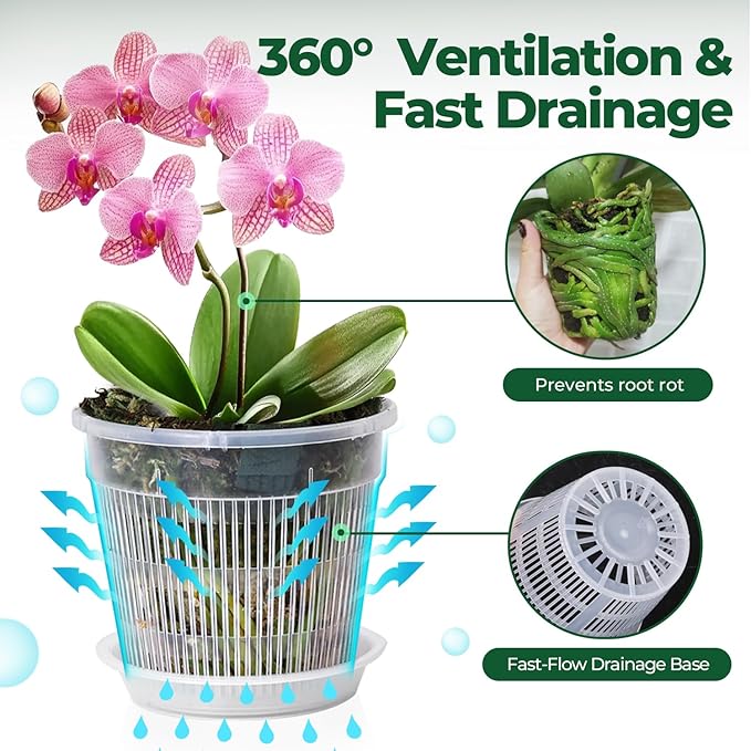 T4U Orchid Pot, 6 Pack 6.3 Inch Orchid Pots with Holes and Saucers, Clear Orchid Pots for Repotting, Plastic Flower Plant Pot for Indoor Outdoor Plants, Slotted Orchids Planter for Root Health