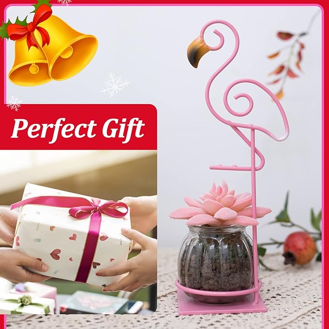 Desktop Glass Planter Vase Holder, esktop Glass Planter Hydroponics Vase，Metal Flamingo Plant Terrarium， Stand for Plants Creative Decorations for Home Patio Lawn Garden