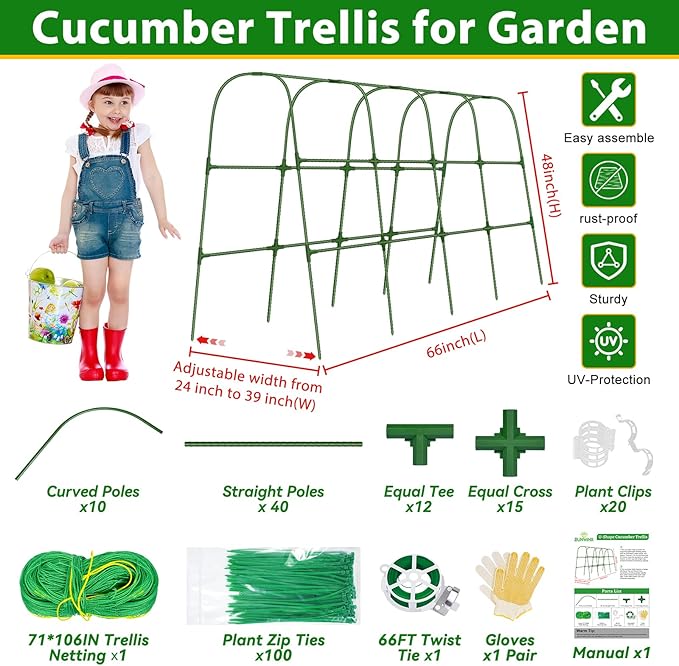 Cucumber Trellis for Raised Bed, 66''x48'' U-Shape Garden Trellis for Climbing Plants Outdoor, Metal Arch Plant Support, Vegetables Trellis for Squash Grape Pea Bean Vines Flower