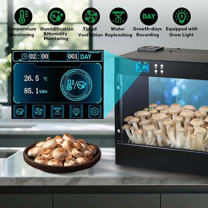 Smart Mushroom Grow Box Automatic Humidification and Water Spray,Mushroom Grow Chamber with Grow Light,Smart Mushroom Monotub Growing Kit 16x11X13 inches with LCD Screen, Smart Growing Tent