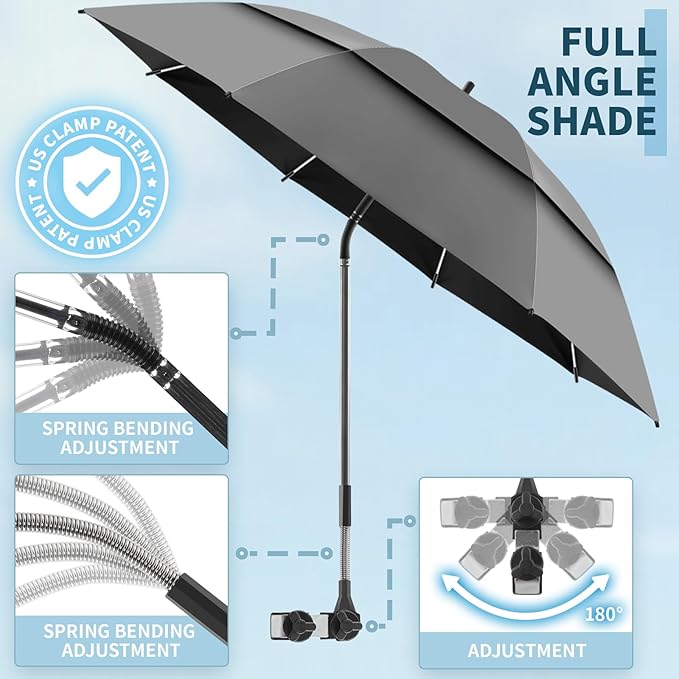 48.6" Double Canopy Beach Umbrella with Clamp, UPF50+ Beach Chair Umbrella with clip(Smoke)