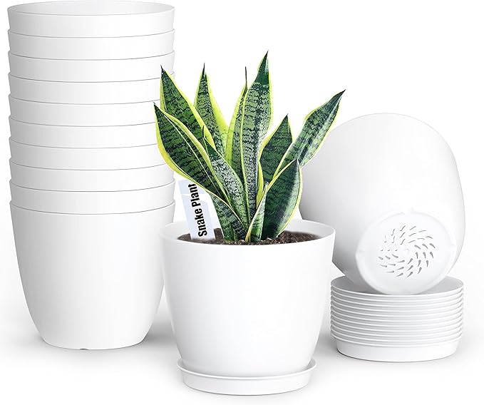 SwinDuck Plant Pots, 12 Pack 6 inch Modern Plastic Planters with Drainage Holes and Saucers for Indoor Outdoor Plants and Flowers, White