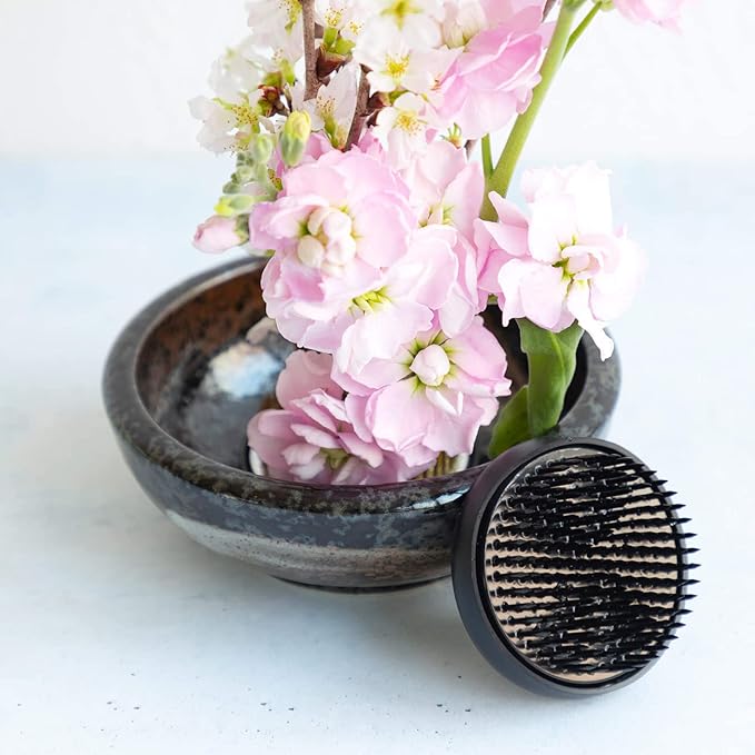 Wazakura Minoyaki Series Japanese Ikebana Essential Tool Kit with Small Round Ceramic Flower Vase and Kenzan Pin Frog for Floral Arranging - Black Vase + 2in (61mm) Black Kenzan