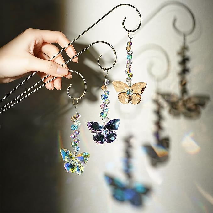 H&D HYALINE & DORA 6 Pack Colorful Butterfly Crystal Suncatcher Plant Stake Plant Stake with Golden Small Trellis Indoor Outdoor Garden Sun Catchers Decor