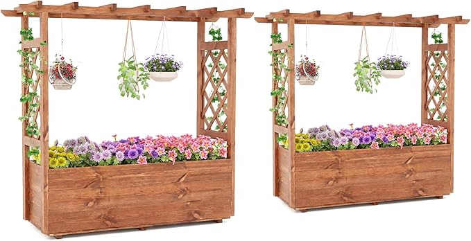 Giantex Raised Garden Bed with Sided Trellis & Roof Set 2, 31”x16”x41” Wood Elevated Planter Box, Freestanding Garden Planter Raised Bed for Flowers Herbs Climbing Vines,Brown