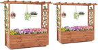 Giantex Raised Garden Bed with Sided Trellis & Roof Set 2, 31”x16”x41” Wood Elevated Planter Box, Freestanding Garden Planter Raised Bed for Flowers Herbs Climbing Vines,Brown