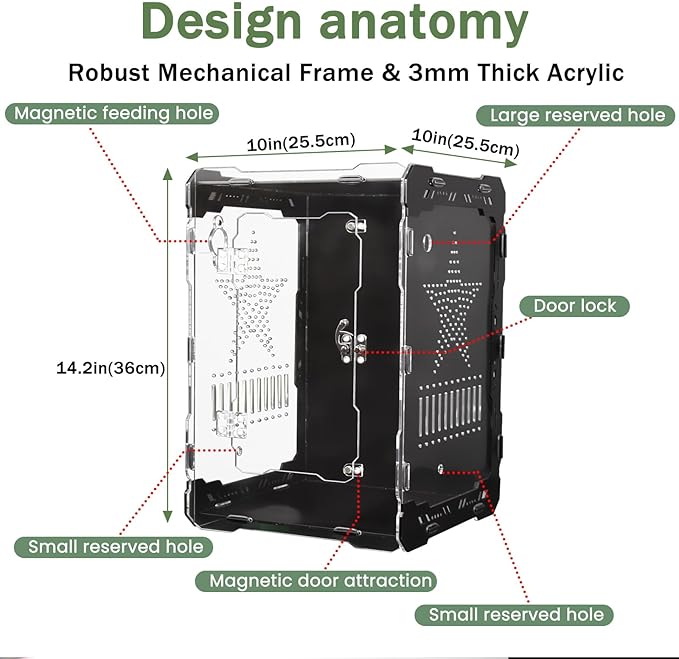 Acrylic Terrarium 14x10x10 Inch – Front Opening Reptile Enclosure with Magnetic Feeder – Escape-Proof Habitat for Arboreal Tarantulas, Scorpions & Geckos