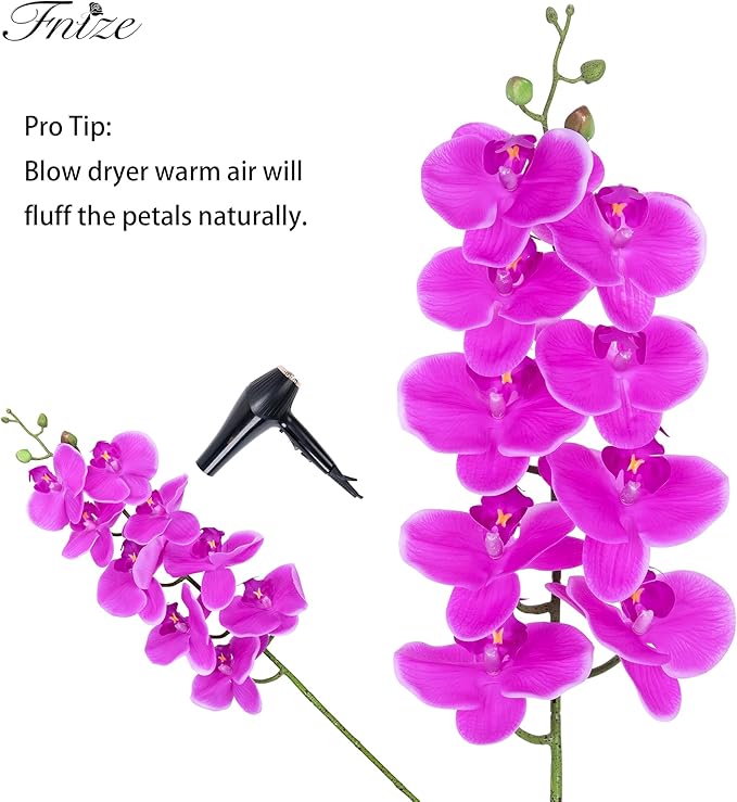 Fnize Artificial Orchid Stems Real Touch Latex Phalaenopsis Branches Faux Cymbidium Flowers 9 Large Petals 38 Inches 2pcs (Rose red)