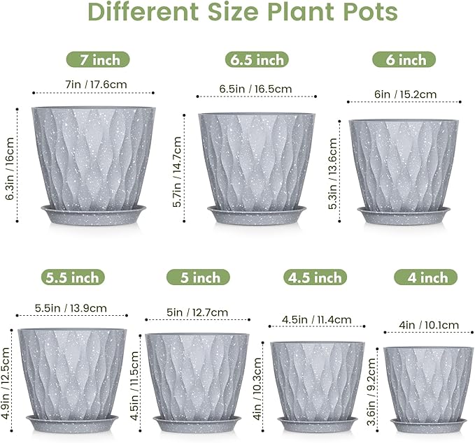 Meowell 7/6.5/6/5.5/5/4.5/4 inch Plant Pots for Indoor Outdoor Plants, 7 Pack Thick Flower Pots with Drainage Holes and Saucers, Modern Wave Texture Plastic Planters Nursery Pots, Speckled Grey
