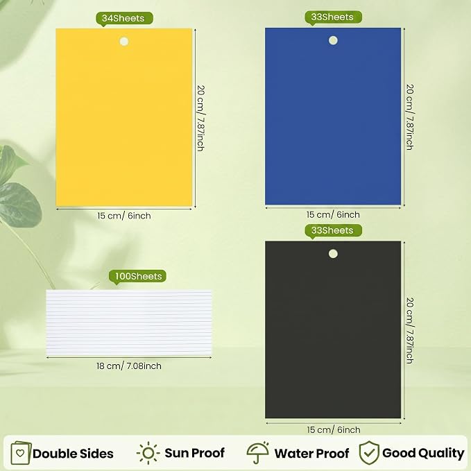 Qualirey 150 Pcs 6 x 8 Inch Sticky Traps for Plant Double Sided Sticky Trap for Gnats with Twist Ties Fly Traps for Fruit Insect Fungus Bugs Indoor Outdoor (Yellow,Blue,Black)