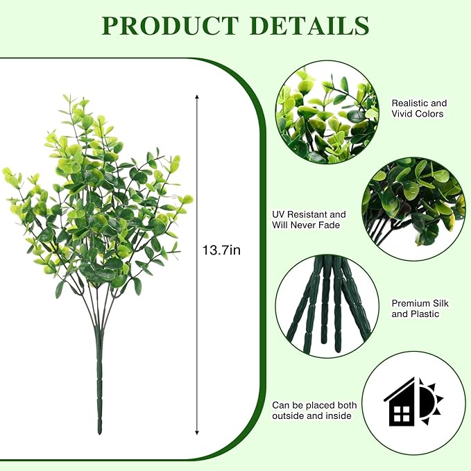 CEWOR Artificial Boxwood Stems 24 Pack Artificial Plants for Outdoor UV Resistant Faux Plants Fake Eucalyptus Shrubs for Room Decor Indoor Outdoor