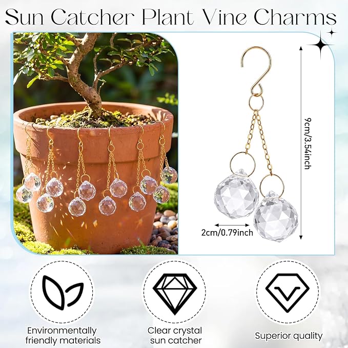 6 Pcs Clear Crystal Sun Catcher Plant Vine Charms Hanging for Mini Potted Plants, Home Window Garden, Garden Home Window Rainbow Sun Catchers Plant Accessories Indoor (Ball)