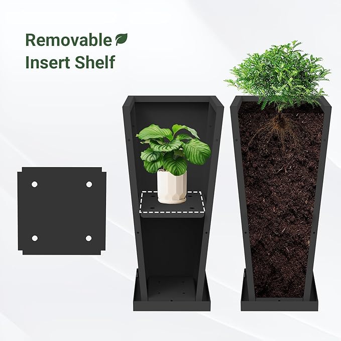 Metal Tall Planters 26 inch Set of 2, Durable Taper Planter with Drainage Holes & Rust-Proof Coating & Trays for Outdoor Indoor Garden Patio Front Door