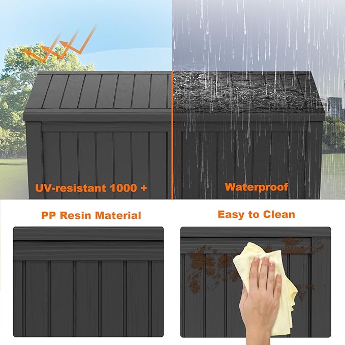 PatioZen 120 Gallon Resin Deck Box, Lockable Patio Outdoor Storage Box for Furniture, Garden Tools and Tools Storage, Waterproof Outside Storage Boxes - Black