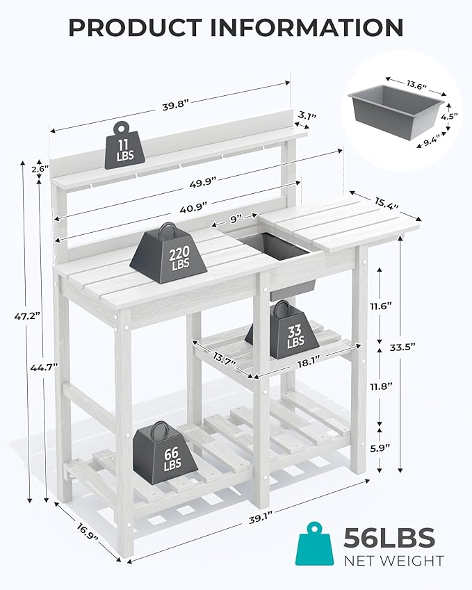 SERWALL Outdoor Potting Bench with Removeable Sink,Rot-Resistant HDPE Potting Table for Outside Gardening, All Weather Use - White