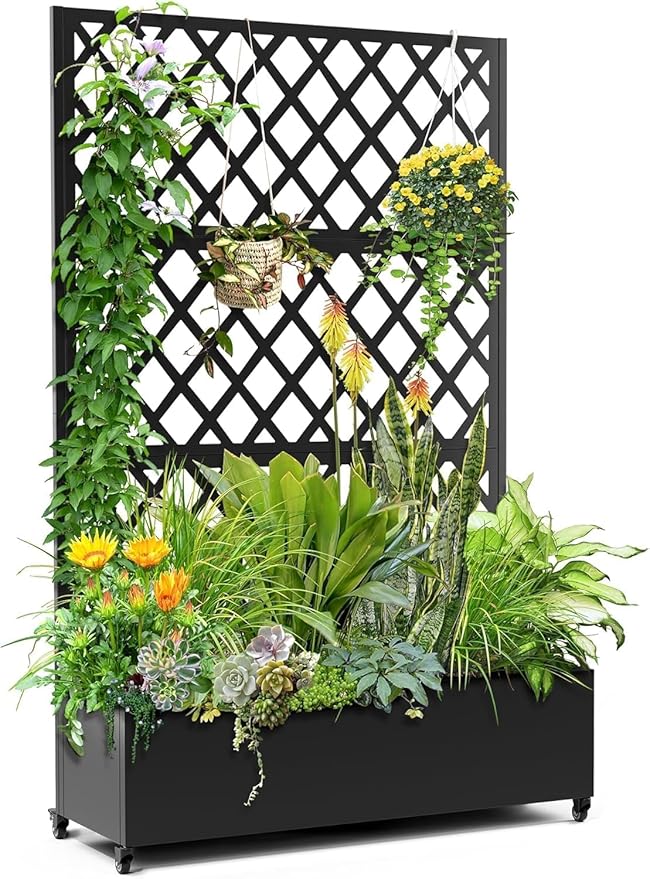 IDEAHOUSE Steel Raised Garden Bed w/Trellis & Privacy Screen - 71x46x16 in Planter Box w/Lockable Casters, Drainage Holes for Vines, Vegetables on Patio, Deck, Yard, Black