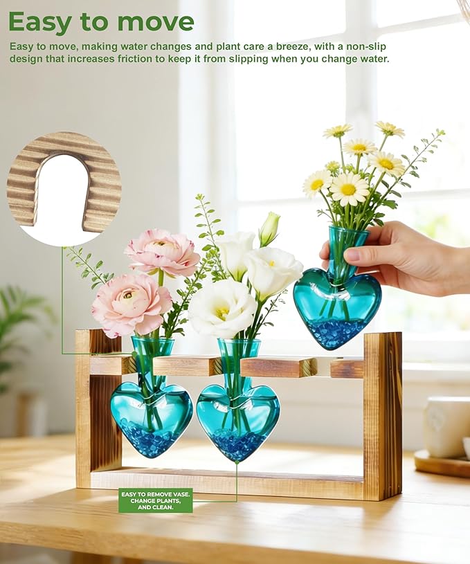 Nacome Plant Terrarium Propagation Stations: Mothers Day Gifts for Mom Plant Lovers Women Wife Daughter - 3 Bulb Glass Vases with Wooden Stand Tabletop for Hydroponics Home Garden Decor