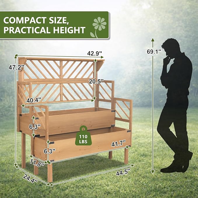 ketive 2 Tier Raised Garden Bed with Trellis & Top Shelf, Elevated Wooden Planter Box for Vegetables Flowers Herbs, Outdoor Vertical Gardening Planter for Backyard Patio Balcony