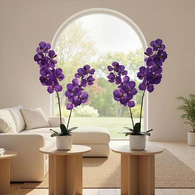 31" Artificial Orchid Flowers in White Planter, 2 Pack Realistic Faux Purple Plants with 14 Bloomings, Faux Phalaenopsis for Bathroom Kitchen Home Office Living Room Decor