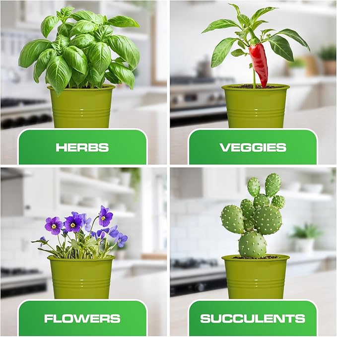 Plexon Herb Planter Indoor Garden Set of 3 with Tray, Metal Herb Pots for Indoor Plants, Round Kitchen Garden Kit Ideal for Windowsill Planter or Countertop, Green Powder Coated