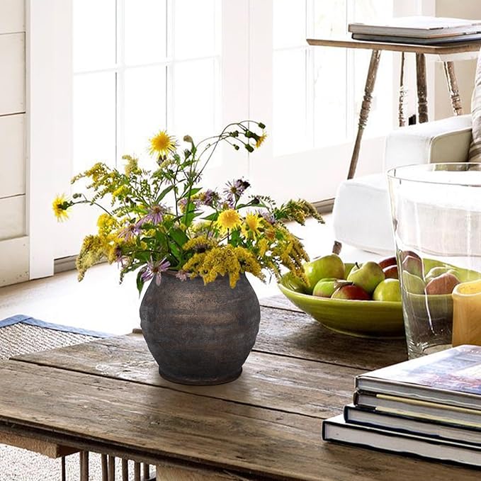 Briful Rustic Vintage Ceramic Pottery Vase, 6.1'' Farmhouse Table Decor with Distressed Texture, Wide Mouth Decorative Jar Vases for Home Decor, Shelf & Entryway, Brown