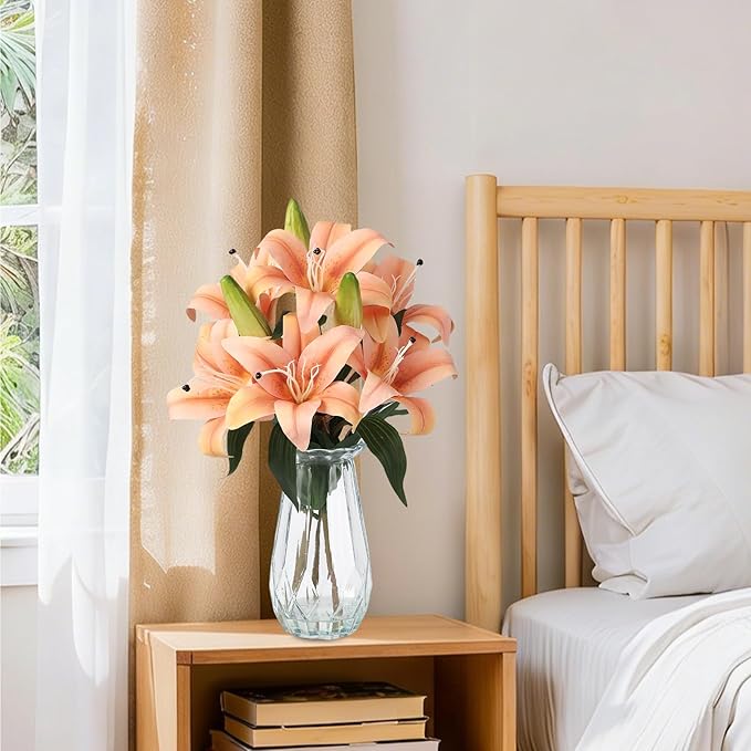 GarveeLife Artificial Tiger Lily Flowers with Vase, Real Touch Easter Lily Faux Flowers for Home Table Centerpieces Wedding Baby Shower Birthday Party Decoration, UV Resistant, 3 Stems with 6 Flowers