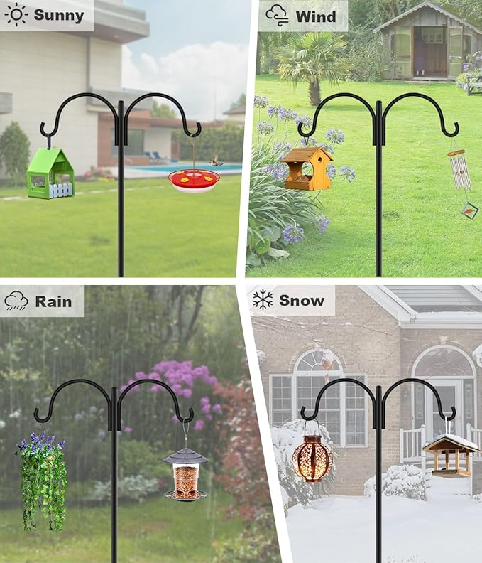 Artibear Double Shepherd Hooks for Outdoor, 60" Heavy Duty Bird Feeder Hangers Garden Hooks with 5-Prong Base, Outside Hanging Pole for Plant Baskets, Solar Light Lanterns, Wind Chimes, 1 Pack
