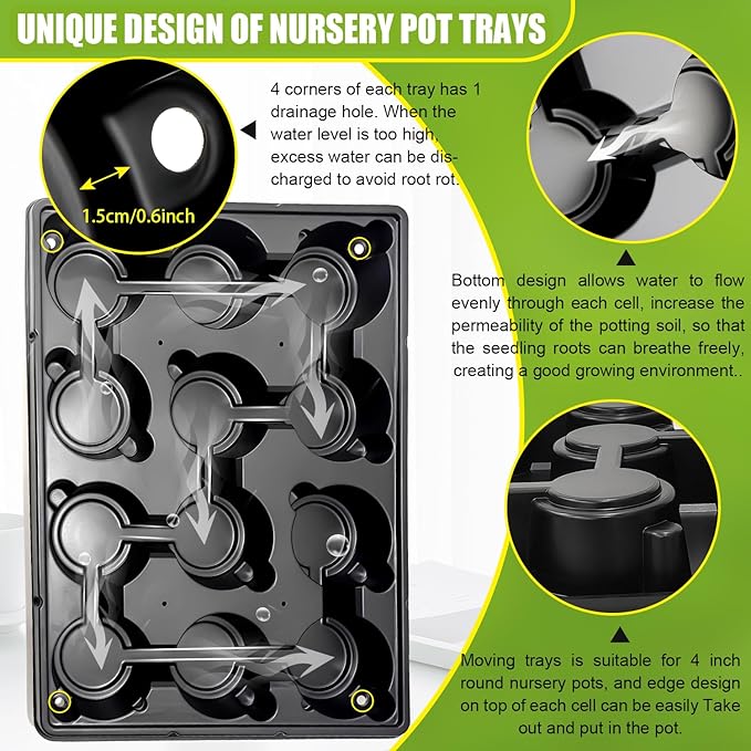 RooTrimmer 5 Pack 12 Cell Nursery Pot Trays with Adjustable Humidity Domes & 4 Inch Clear Pots 60 Pack, Sturdy Seed Starting Kit for Greenhouse Garden, Reusable Plant Growing Germination 5 Sets