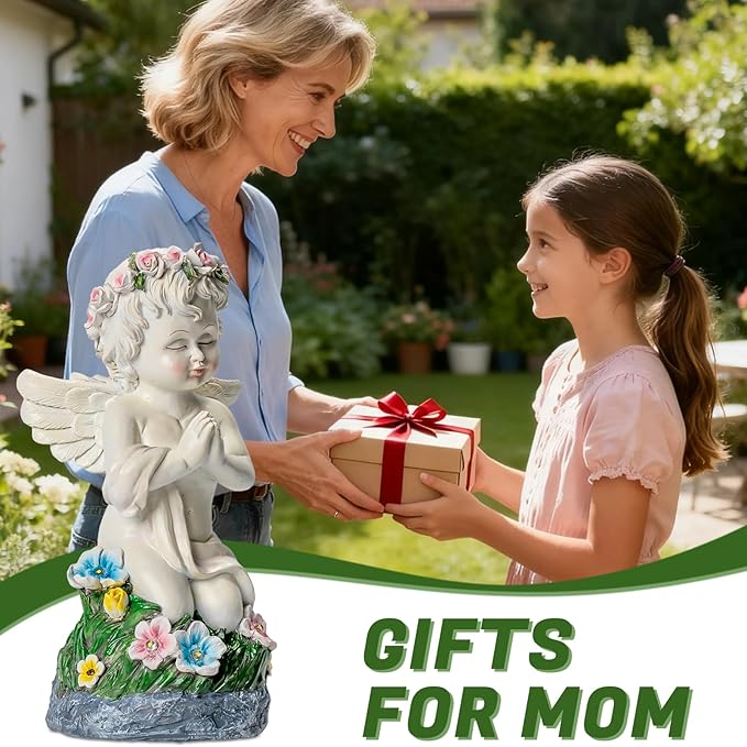 Solar Powered Angel Statue for Garden, Outdoor Spiritual Decorations for Patio Lawn Cemetery, Illuminated Seraphim Figurine with Warm Light, Gift for Women Religious Faith Ornament, Rustproof Resin