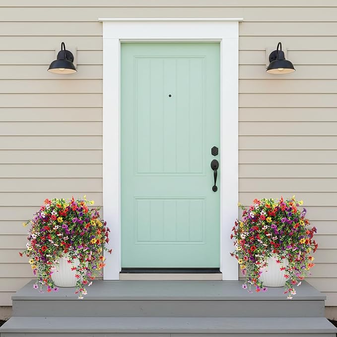 CEWOR 4pcs Artificial Hanging Flowers Plants for Outdoor, Fake Flowers Faux Silk Daisy with Eucalyptus, UV Resistant Realistic Faux Flower for Outside Indoor Home Porch Patio Decor, Multicolor