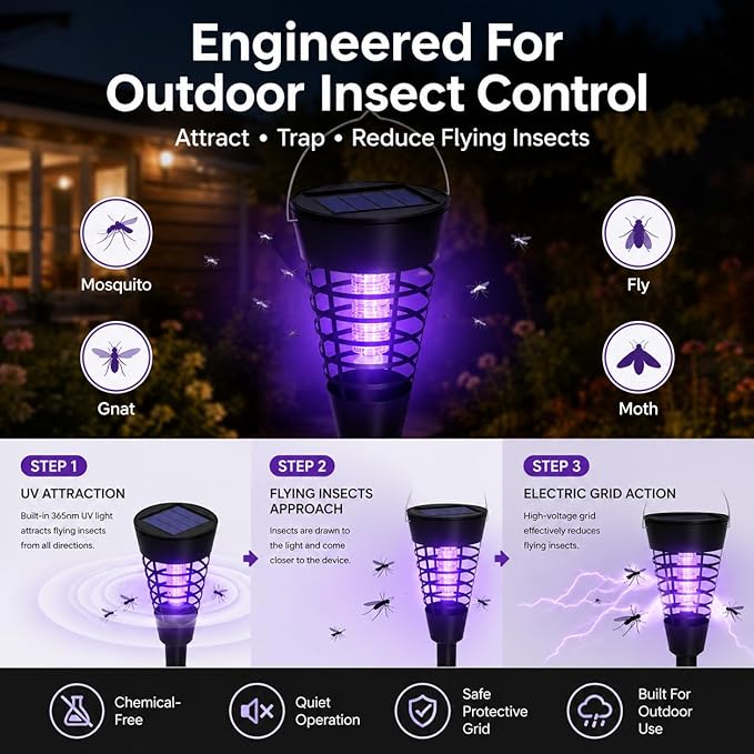 Solar Mosquito Zapper Outdoor 4 Pack, 2-in-1 Mosquito Trap Light Used to Keep Away Gnat Small Flying Insect,Waterproof Bug Zapper for Outside,Solar Fly Zapper for Patio Garden Backyard