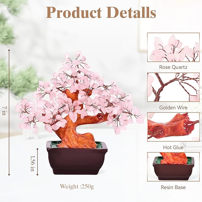 Feng Shui Natural Rose Pink Quartz Crystal Money Tree Bonsai Style Decoration for Wealth and Luck (Pink)