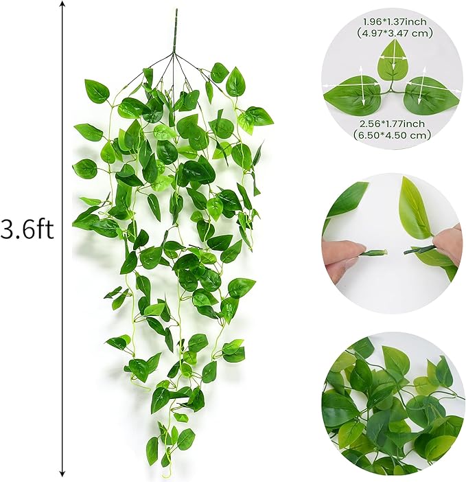 Fake Hanging Plants 2pcs Artificial Hanging Plant for Indoor Outdoor Faux Pothos Vines Greenery Garlands for Wall Home Aesthetic Patio Kitchen Living Room Farmhouse Shelf Office Decor (No Baskets)
