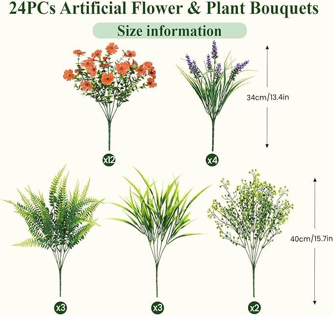 Alupssuc 24 Bundles Artificial Flowers for Outdoors Spring Decoration, UV Resistant Eucalyptus Violet and Lavender Silk Fake Plants for Outside Indoor Yard Home Patio Decor, Orange