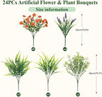 Alupssuc 24 Bundles Artificial Flowers for Outdoors Spring Decoration, UV Resistant Eucalyptus Violet and Lavender Silk Fake Plants for Outside Indoor Yard Home Patio Decor, Orange