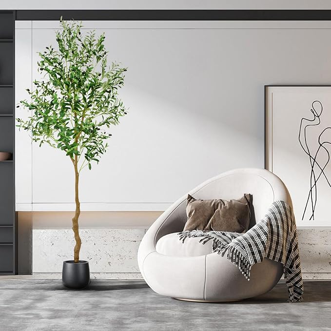 7FT Artificial Olive Tree,84 Inch Faux Olive Tree with Black Base Pot- Fake Olive Plant Potted - Artificial Silk Tree for Home Office Living Room Corner Decor Indoor-1 Pack