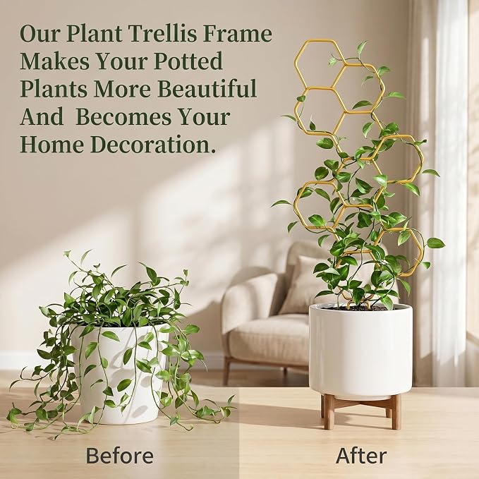 1PCS 13.78 Inch Small Indoor Plant Trellis for Pots, Honeycomb Trellis,Gold Metal Plant Climbing Support Stake for Pothos, Vines, Climbing Houseplants