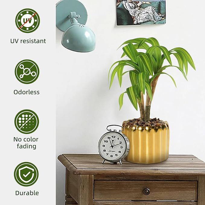10. 6" Artificial Dracaena Plant with Textured Leaves Golden Ceramic Pot Realistic Faux Greenery Fake Potted Plant Indoor Outdoor Home Decor for Living Room Office Garden Table Centerpiece