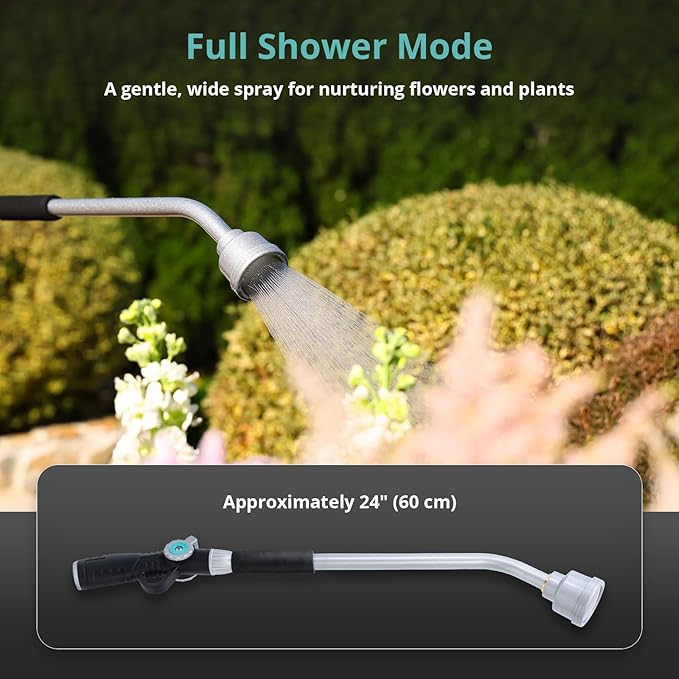 QUOBAS 24" Watering Wand with Interchangeable Spray Head, Garden Hose Sprayer Nozzle with Shower & Mist Modes, Thumb Control Long Reach Hose Nozzle for Hanging Baskets, Lawn, Garden & Outdoor Watering