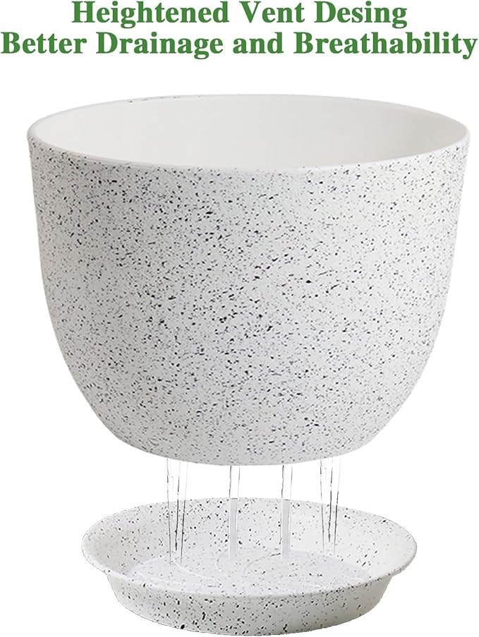 UOUZ 12/10/9 Large Modern Plant Pots, Plastic Planters with Drainage Holes and Saucers for Indoor Outdoor Plants Flowers, White Speckles