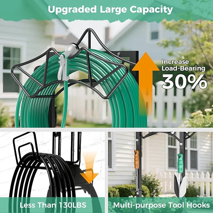 Garden Hose Holder Holds 160Ft Hoses, Heavy-Duty Freestanding Water Hose Stand with 2 Tool Hooks, Rustproof Hose Rack with 4 Spikes Hose Hanger Storage for Outside, Yard, Lawn