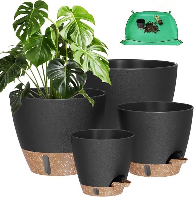 Plant Pots, 12" 10" 6" 8" Self Watering Pots with Water Level Indicator, Set of 5 Flower Pots Indoor with Drainage Holes, Modern Planters for Indoor Outdoor Plants, Room & Office Décor